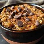 ['Close-up view of baked pumpkin oatmeal in ramekins, topped with walnuts and chocolate chips.', 'Side view of four ramekins filled with golden-brown pumpkin oatmeal, garnished with powdered sugar.', 'Delicious pumpkin oatmeal served in individual ramekins, showcasing a creamy texture and vibrant color.', 'A tempting arrangement of pumpkin oatmeal in ramekins, ready to be enjoyed as a nutritious breakfast.']