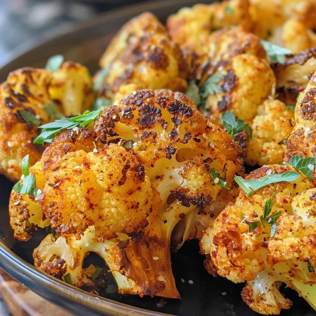 ['Close-up view of golden browned air-fried cauliflower florets.', 'A side photo showcasing crispy cooked cauliflower seasoned with spices.', 'Juicy air-fried cauliflower exhibiting a savory texture and color.', 'Detailed image of seasoned cauliflower bites, perfectly crisped in an air fryer.']