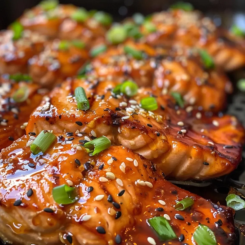 ['Juicy Air Fryer honey garlic salmon fillet garnished with parsley.', 'Close-up of skin-on salmon fillet drizzled with honey garlic sauce.', 'Side view of cooked salmon topped with minced garlic and parsley.', 'Delicious honey garlic salmon fillet in an air fryer setting.']