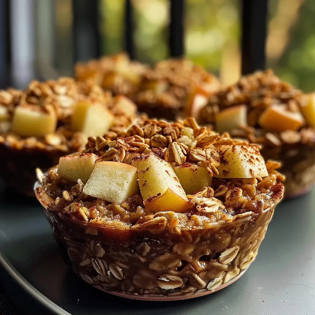 A side view close-up of baked oatmeal cups with apple and almond butter.
