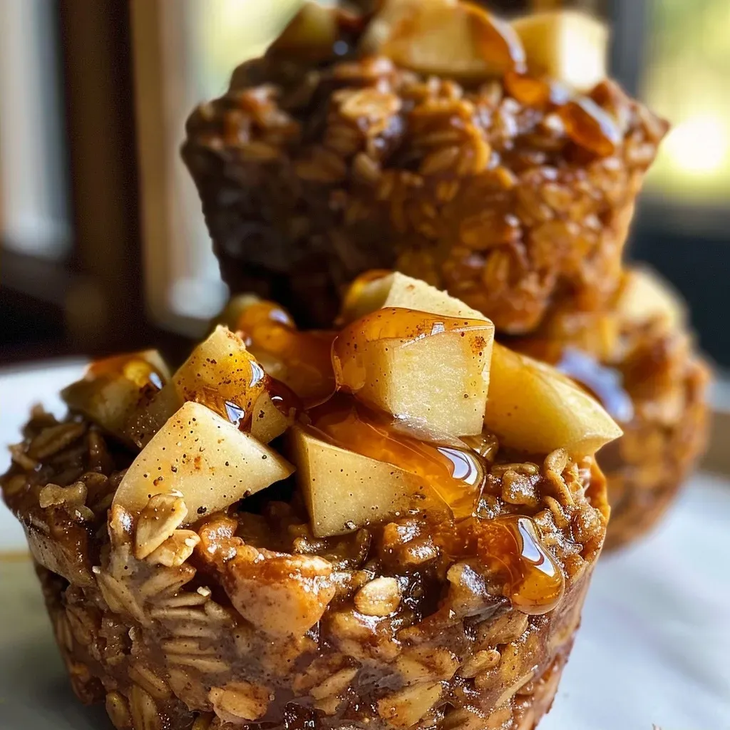 A side view close-up of baked oatmeal cups with apple and almond butter.