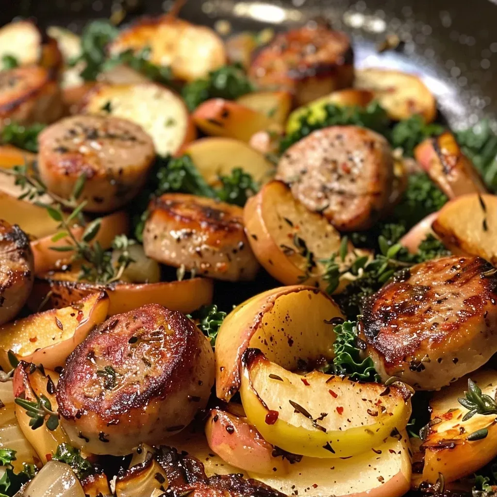 ['Close-up view of a savory Apple Chicken Sausage Skillet with vibrant colors.', 'A delicious Apple Chicken Sausage Skillet featuring sliced sausages and fresh apples.', 'Juicy Apple Chicken Sausage Skillet filled with sautéed ingredients and garnished with herbs.', 'Side view of Apple Chicken Sausage Skillet showcasing its vibrant ingredients and texture.']