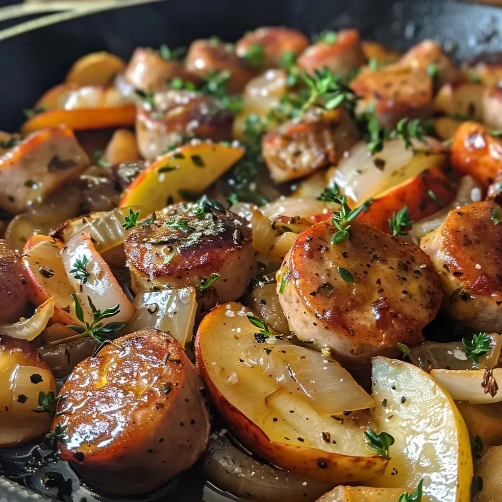['Close-up view of a savory Apple Chicken Sausage Skillet with vibrant colors.', 'A delicious Apple Chicken Sausage Skillet featuring sliced sausages and fresh apples.', 'Juicy Apple Chicken Sausage Skillet filled with sautéed ingredients and garnished with herbs.', 'Side view of Apple Chicken Sausage Skillet showcasing its vibrant ingredients and texture.']