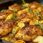 ['A close-up view of a skillet with glazed apple cider chicken and colorful apple wedges.', 'Juicy chicken breasts cooked in a rich apple cider sauce, garnished with fresh thyme in a skillet.', 'A side perspective of a savory apple cider chicken skillet, featuring golden-brown chicken and sliced apples.', 'A tantalizing skillet showcasing apple cider chicken with onions and apple wedges, ready to serve.']