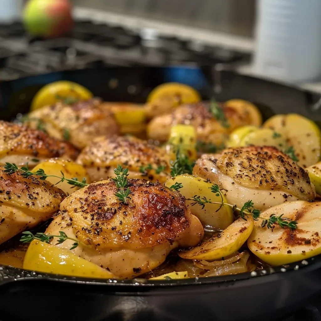 ['A close-up view of a skillet with glazed apple cider chicken and colorful apple wedges.', 'Juicy chicken breasts cooked in a rich apple cider sauce, garnished with fresh thyme in a skillet.', 'A side perspective of a savory apple cider chicken skillet, featuring golden-brown chicken and sliced apples.', 'A tantalizing skillet showcasing apple cider chicken with onions and apple wedges, ready to serve.']
