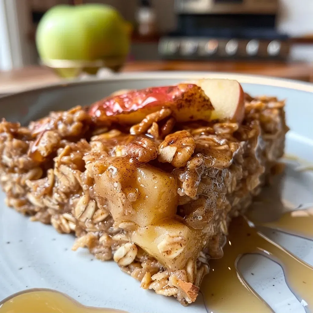 Close-up view of baked oatmeal topped with apple slices and cinnamon.