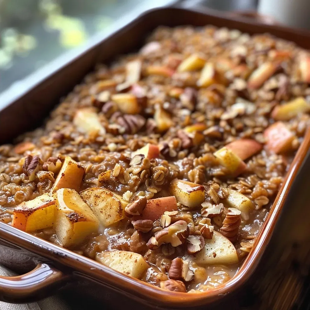 Close-up view of baked oatmeal topped with apple slices and cinnamon.