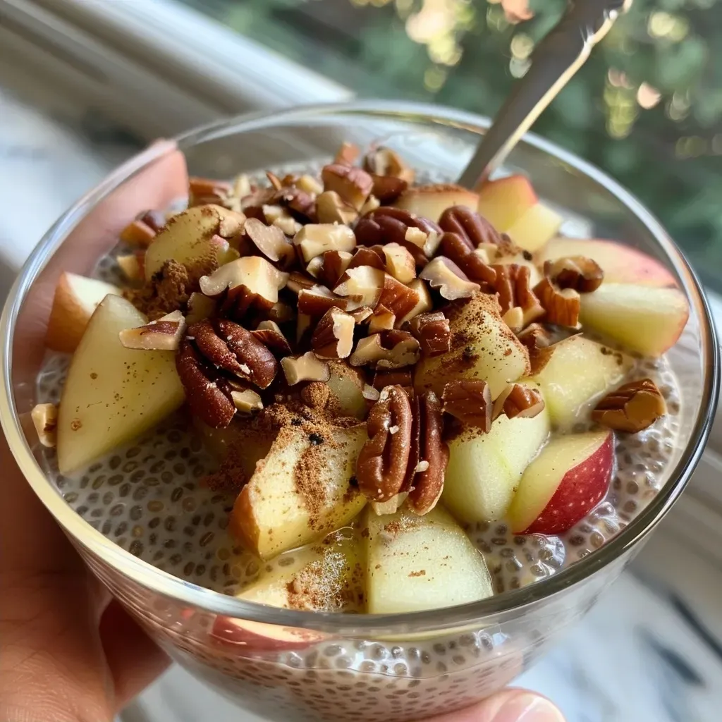 ['A close-up view of a creamy apple cinnamon chia pudding topped with chopped pecans.', 'Side angle of apple cinnamon chia pudding with diced apple and spices visible.', 'Textured chia pudding with apple chunks and a sprinkle of cinnamon in a glass cup.', 'Filled glass featuring layers of apple cinnamon chia pudding and pecan pieces.']