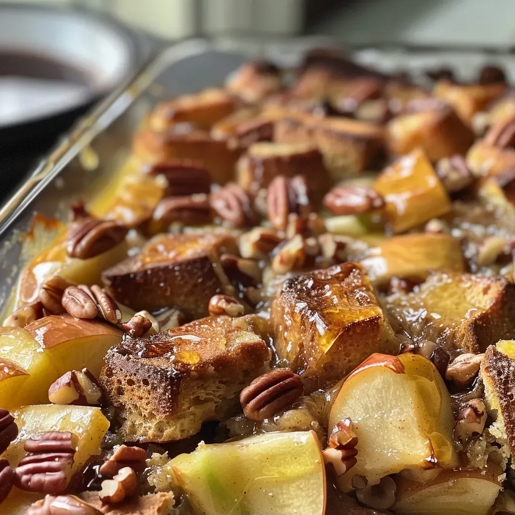 ['Close-up side view of a delicious Apple Cinnamon French Toast Casserole with a golden, baked top.', 'A tempting slice of Apple Cinnamon French Toast Casserole topped with powdered sugar and maple syrup.', 'Juicy apple pieces and pecans visible in a fluffy French toast casserole, freshly baked.', 'A warm casserole dish filled with diced brioche, apples, and a cinnamon-brown sugar topping.']
