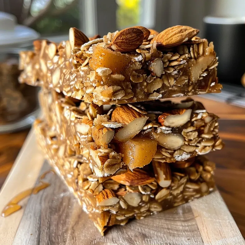 ['Close-up of apple cinnamon granola bars highlighting their texture and ingredients.', 'Side view of freshly made apple cinnamon granola bars, showcasing chunks of apple and cinnamon.', 'Detailed photo featuring a stack of apple cinnamon granola bars with visible oats and nuts.', 'Mouth-watering apple cinnamon granola bars presented on a wooden surface, emphasizing their deliciousness.']