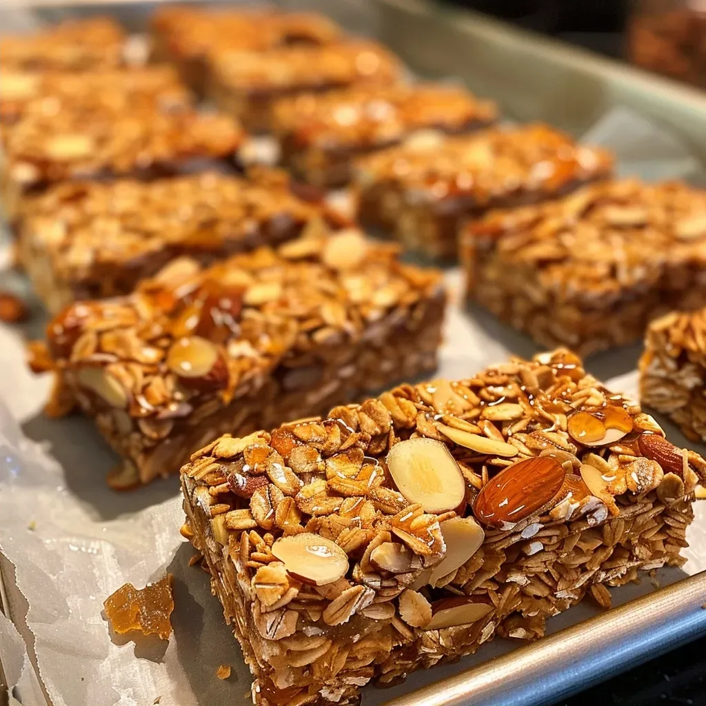 ['Close-up of apple cinnamon granola bars highlighting their texture and ingredients.', 'Side view of freshly made apple cinnamon granola bars, showcasing chunks of apple and cinnamon.', 'Detailed photo featuring a stack of apple cinnamon granola bars with visible oats and nuts.', 'Mouth-watering apple cinnamon granola bars presented on a wooden surface, emphasizing their deliciousness.']