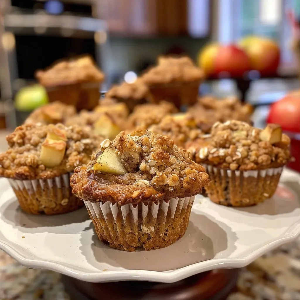 ['Close-up side view of golden brown apple cinnamon muffins with a crumbly texture.', 'Juicy apple cinnamon muffins displayed on a rustic wooden surface, showcasing their moist interior.', 'A delicious stack of apple cinnamon muffins, highlighting the apple pieces and cinnamon dusting.', 'Freshly baked apple cinnamon muffins with a sprinkle of oats on top, captured in natural light.']