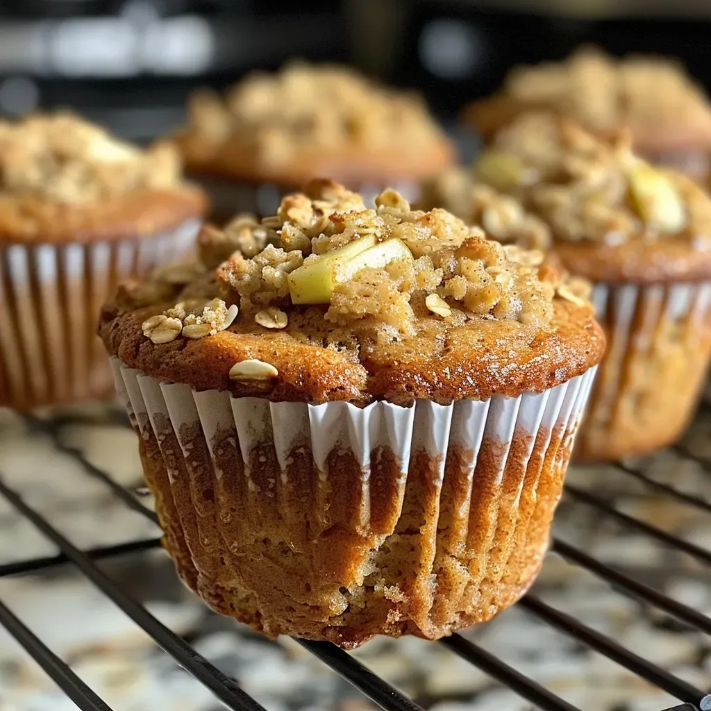 ['Close-up side view of golden brown apple cinnamon muffins with a crumbly texture.', 'Juicy apple cinnamon muffins displayed on a rustic wooden surface, showcasing their moist interior.', 'A delicious stack of apple cinnamon muffins, highlighting the apple pieces and cinnamon dusting.', 'Freshly baked apple cinnamon muffins with a sprinkle of oats on top, captured in natural light.']