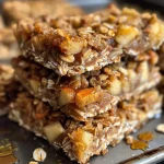 ['Close-up view of apple cinnamon oat breakfast bars, highlighting their texture and ingredients.', 'Side view of deliciously baked apple cinnamon oat bars on a wooden surface.', 'Juicy apple cinnamon oat breakfast bars displayed with visible chunks of apple.', 'Close-up photo showcasing the golden-brown color and ingredients of breakfast bars.']