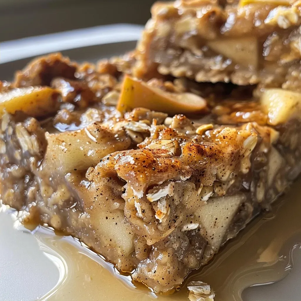 ['Close-up view of apple cinnamon oat breakfast bars, highlighting their texture and ingredients.', 'Side view of deliciously baked apple cinnamon oat bars on a wooden surface.', 'Juicy apple cinnamon oat breakfast bars displayed with visible chunks of apple.', 'Close-up photo showcasing the golden-brown color and ingredients of breakfast bars.']