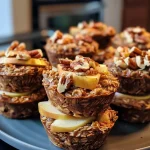 ['Close-up view of baked Apple Cinnamon Oatmeal Cups with visible apple chunks and pecans.', 'Side view of golden-brown Apple Cinnamon Oatmeal Cups, showcasing their texture and ingredients.', 'Juicy Apple Cinnamon Oatmeal Cups arranged neatly, highlighting their apple and cinnamon flavor.', 'Delicious-looking Apple Cinnamon Oatmeal Cups on a rustic table, with a focus on the oatmeal and apple mix.']