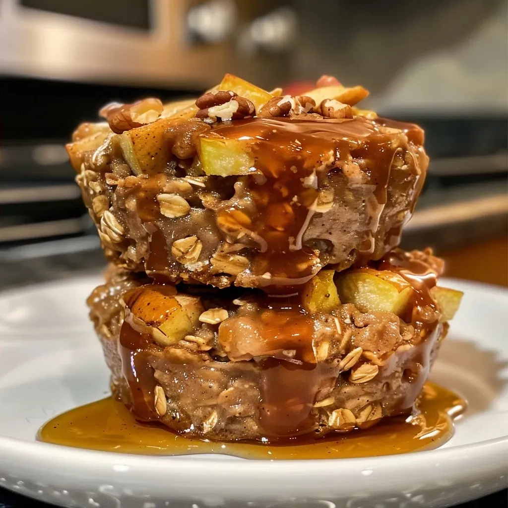 Close-up view of baked Apple Cinnamon Oatmeal Cups with visible apple chunks and pecans.