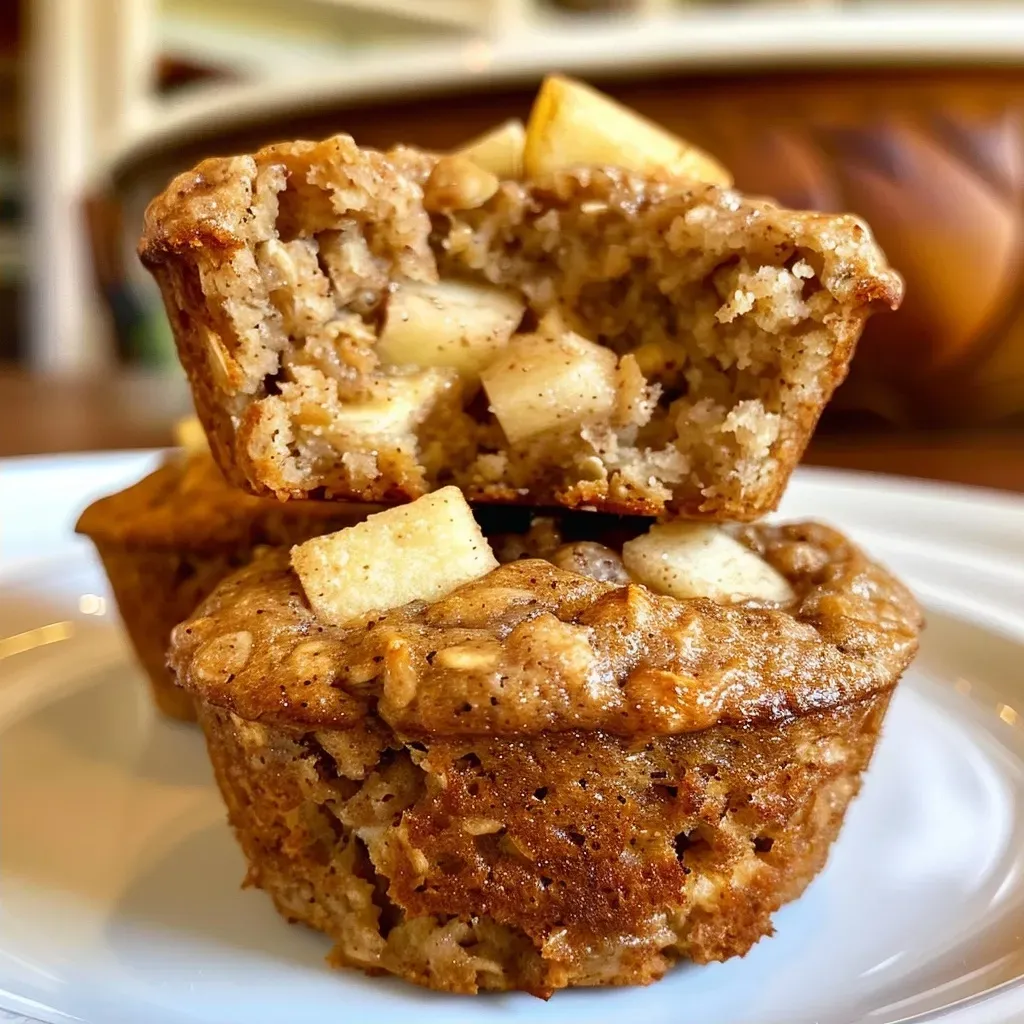 ['Close-up of baked Apple Cinnamon Protein Muffins with visible apple chunks and a golden-brown top.', 'Side view of freshly baked muffins showcasing a moist texture and sprinkled cinnamon on top.', 'A delicious array of Apple Cinnamon Protein Muffins arranged on a plate, highlighting their fluffy interior.', 'Detailed view of homemade muffins featuring diced apples and a dusting of cinnamon.']