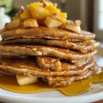 ['Close-up view of golden brown apple cinnamon protein pancakes stacked high with a light drizzle of syrup.', 'Side angle of fluffy protein pancakes with visible chunks of apple and a sprinkle of cinnamon on top.', 'Juicy apple cinnamon pancakes on a plate, showing texture and golden edges, garnished with syrup.', 'Delicious-looking stack of protein pancakes featuring shredded apple and a dusting of cinnamon spice.']