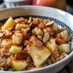['A close-up view of a colorful apple cinnamon quinoa bowl with diced apples and almonds.', 'Side view of a delicious apple cinnamon quinoa bowl showcasing its vibrant ingredients.', 'Juicy apple cinnamon quinoa bowl filled with quinoa, apples, and topped with sliced almonds.', 'Rich and healthy apple cinnamon quinoa bowl featuring diced apples and a sprinkle of cinnamon.']