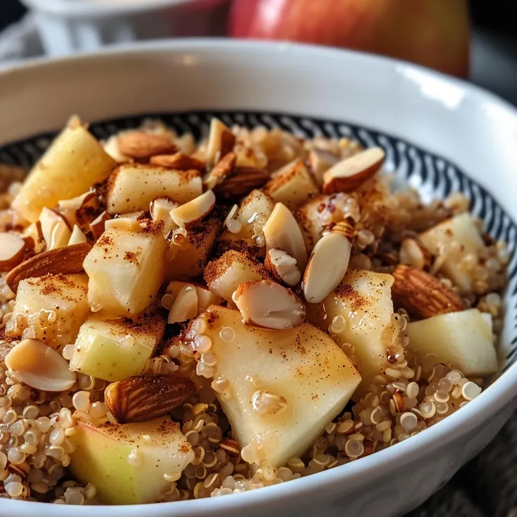 ['A close-up view of a colorful apple cinnamon quinoa bowl with diced apples and almonds.', 'Side view of a delicious apple cinnamon quinoa bowl showcasing its vibrant ingredients.', 'Juicy apple cinnamon quinoa bowl filled with quinoa, apples, and topped with sliced almonds.', 'Rich and healthy apple cinnamon quinoa bowl featuring diced apples and a sprinkle of cinnamon.']