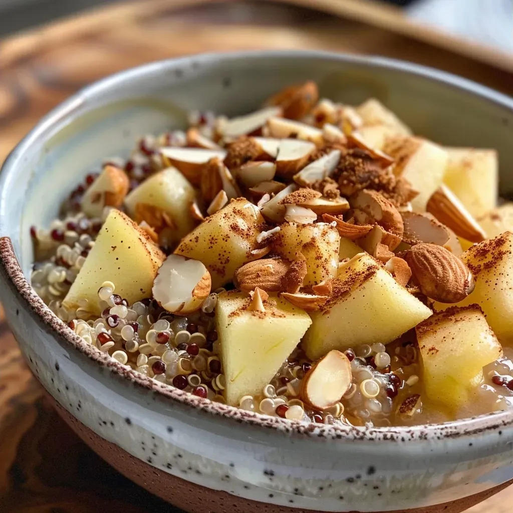 ['A close-up view of a colorful apple cinnamon quinoa bowl with diced apples and almonds.', 'Side view of a delicious apple cinnamon quinoa bowl showcasing its vibrant ingredients.', 'Juicy apple cinnamon quinoa bowl filled with quinoa, apples, and topped with sliced almonds.', 'Rich and healthy apple cinnamon quinoa bowl featuring diced apples and a sprinkle of cinnamon.']