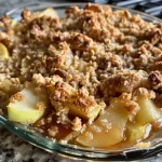 ['Close-up view of a golden-brown apple crisp dessert without oats.', 'Delicious apple crisp topped with a flaky crust and fresh apple slices.', 'Side view of freshly baked apple crisp with a shiny, caramelized top.', 'A warm apple crisp without oats, showcasing its juicy apple filling.']