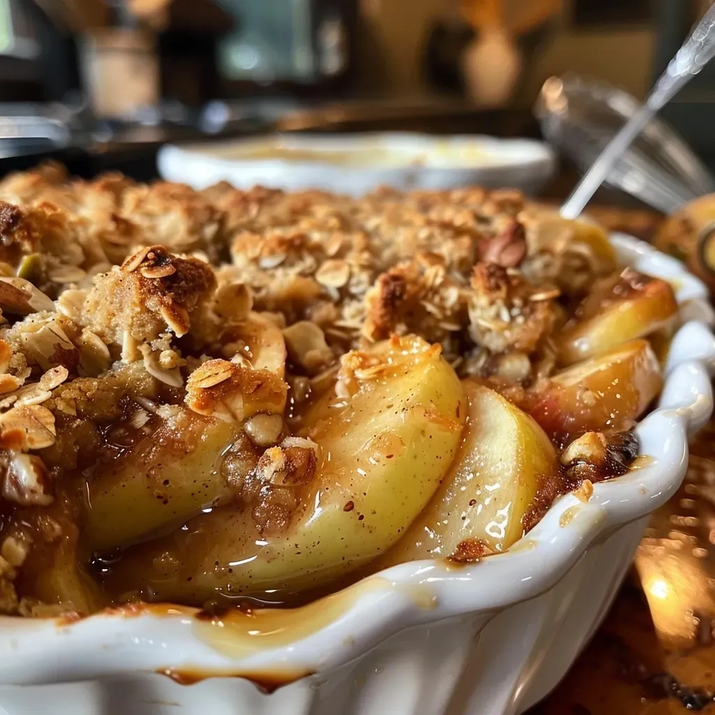 ['Close-up view of a golden-brown apple crisp dessert without oats.', 'Delicious apple crisp topped with a flaky crust and fresh apple slices.', 'Side view of freshly baked apple crisp with a shiny, caramelized top.', 'A warm apple crisp without oats, showcasing its juicy apple filling.']