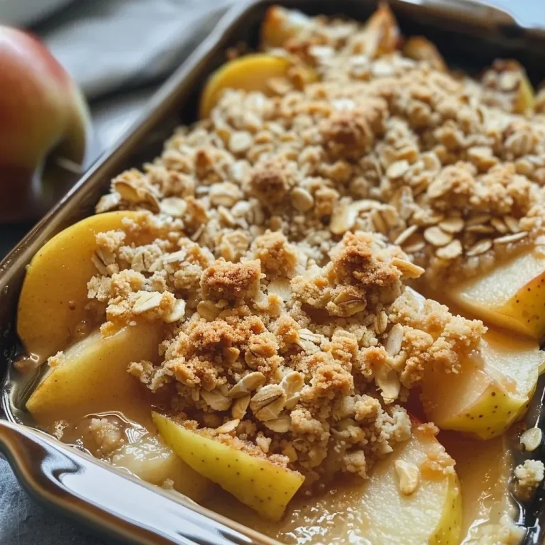 ['Close-up of a homemade apple crumble with oats, showing a golden-brown topping and pieces of apple.', 'Side view of apple crumble with an oat topping, revealing juicy apples underneath a crunchy crust.', 'Detailed image of apple crumble featuring oats, highlighting the texture of the baked topping.', 'Appetizing perspective of apple crumble, displaying the combination of tender apples and crispy oat layer.']