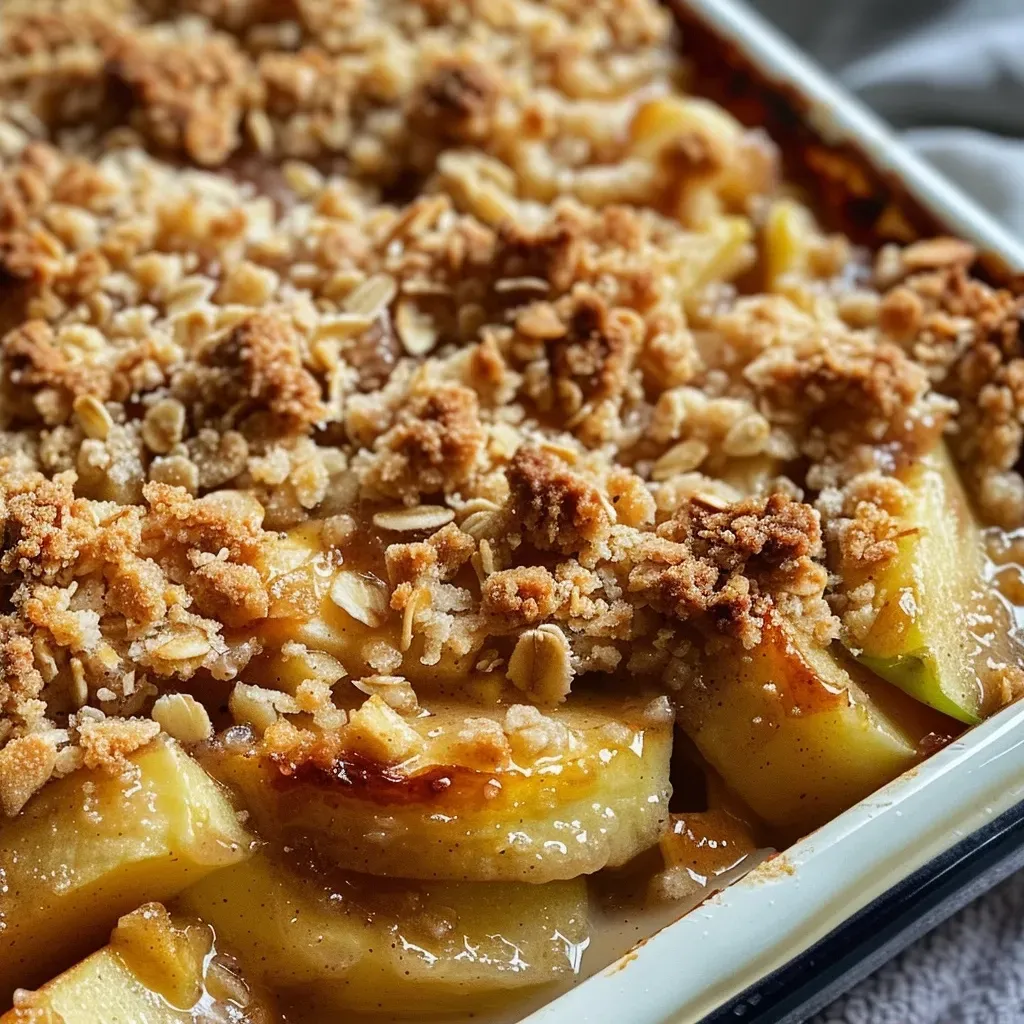 ['Close-up of a homemade apple crumble with oats, showing a golden-brown topping and pieces of apple.', 'Side view of apple crumble with an oat topping, revealing juicy apples underneath a crunchy crust.', 'Detailed image of apple crumble featuring oats, highlighting the texture of the baked topping.', 'Appetizing perspective of apple crumble, displaying the combination of tender apples and crispy oat layer.']
