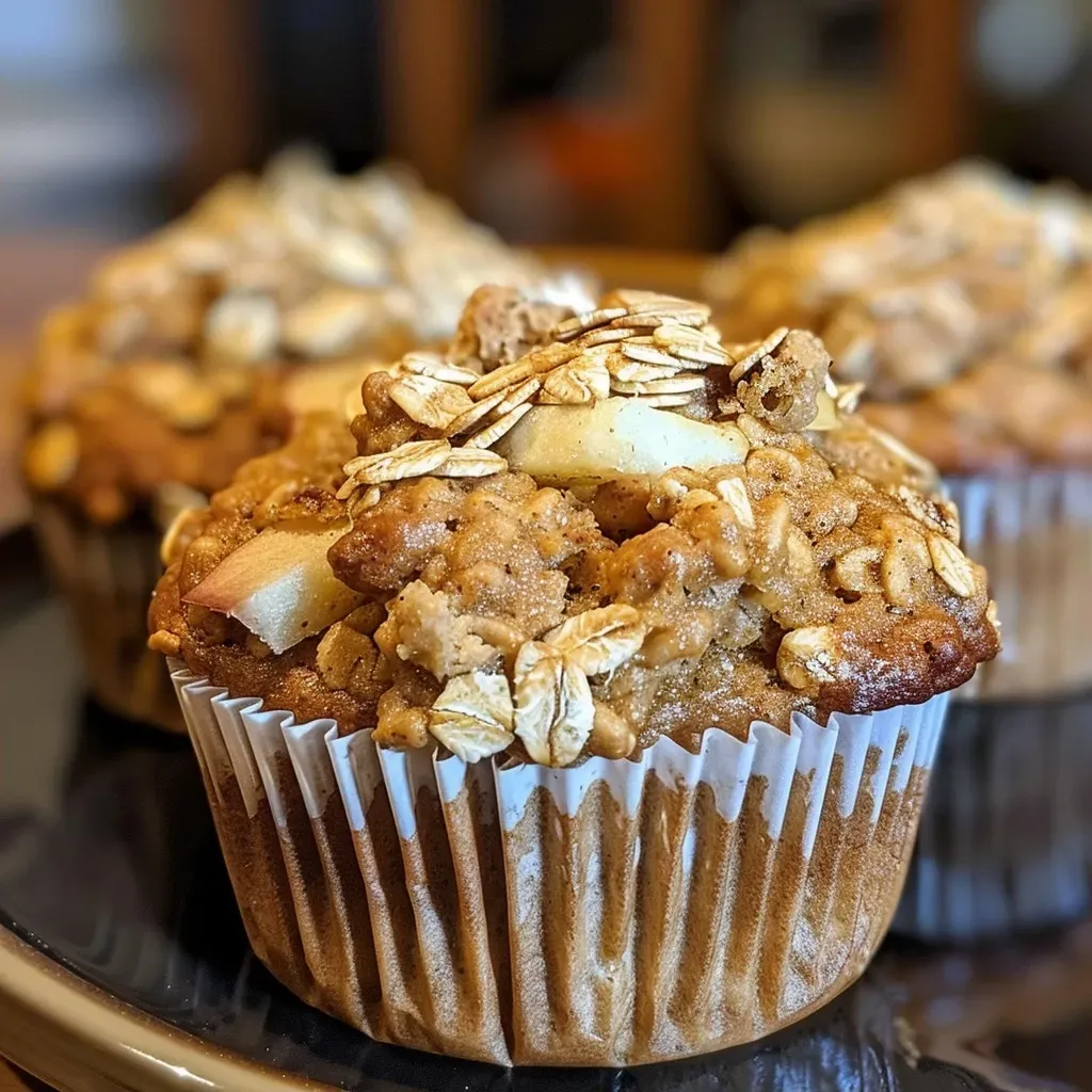 ['Close-up of a freshly baked Apple Oatmeal Muffin with a crunchy top and visible apple chunks.', 'Side view of a golden-brown Apple Oatmeal Muffin showcasing its crisp topping and moist interior.', 'Delicious Apple Oatmeal Muffin displayed with a focus on its crunchy surface and rich texture.', 'Juicy Apple Oatmeal Muffin highlighting the combination of oats and apple pieces.']
