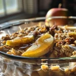 ['Close-up view of a slice of Apple Pie Baked Oatmeal on a plate, showcasing juicy apple pieces and a golden-brown top.', 'Side view of a serving of Apple Pie Baked Oatmeal, highlighting its textured oatmeal layer with apple and nuts.', 'Detailed angle of Apple Pie Baked Oatmeal emphasizing the baked surface and chopped apple topping.', 'Close-up of baked oatmeal with visible apple chunks and a sprinkle of nuts, presented on a rustic plate.']