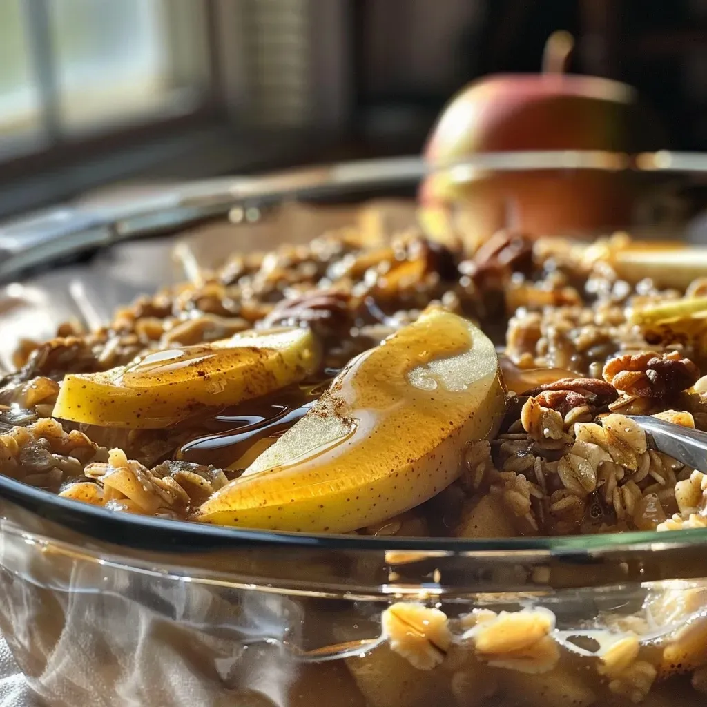 ['Close-up view of a slice of Apple Pie Baked Oatmeal on a plate, showcasing juicy apple pieces and a golden-brown top.', 'Side view of a serving of Apple Pie Baked Oatmeal, highlighting its textured oatmeal layer with apple and nuts.', 'Detailed angle of Apple Pie Baked Oatmeal emphasizing the baked surface and chopped apple topping.', 'Close-up of baked oatmeal with visible apple chunks and a sprinkle of nuts, presented on a rustic plate.']