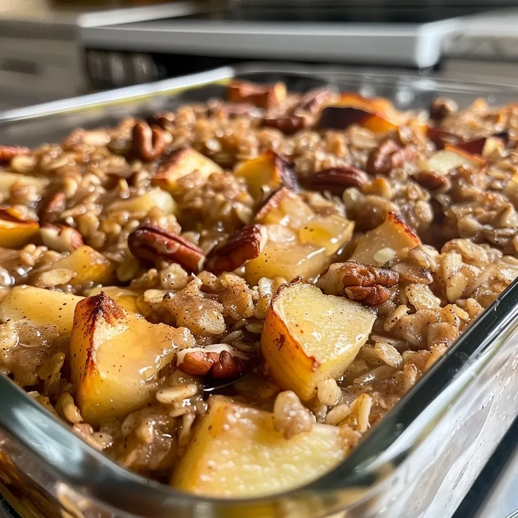 ['Close-up view of a slice of Apple Pie Baked Oatmeal on a plate, showcasing juicy apple pieces and a golden-brown top.', 'Side view of a serving of Apple Pie Baked Oatmeal, highlighting its textured oatmeal layer with apple and nuts.', 'Detailed angle of Apple Pie Baked Oatmeal emphasizing the baked surface and chopped apple topping.', 'Close-up of baked oatmeal with visible apple chunks and a sprinkle of nuts, presented on a rustic plate.']