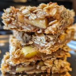 ['A close-up shot of golden-brown Apple Pie Oatmeal Bars with visible chunks of apple and a crumbly topping.', 'Side view of freshly baked Apple Pie Oatmeal Bars, showcasing their layered texture and shiny glaze.', 'Detailed image of Apple Pie Oatmeal Bars, highlighting the oats, apples, and a sprinkle of cinnamon on top.', 'Close-up of deliciously moist Apple Pie Oatmeal Bars, emphasizing their rich, buttery crust and apple filling.']