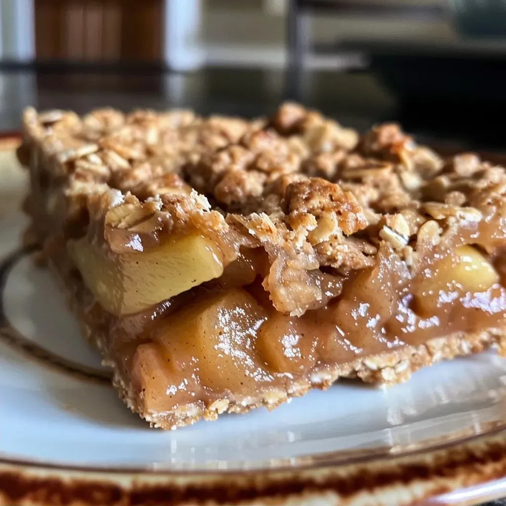 ['A close-up shot of golden-brown Apple Pie Oatmeal Bars with visible chunks of apple and a crumbly topping.', 'Side view of freshly baked Apple Pie Oatmeal Bars, showcasing their layered texture and shiny glaze.', 'Detailed image of Apple Pie Oatmeal Bars, highlighting the oats, apples, and a sprinkle of cinnamon on top.', 'Close-up of deliciously moist Apple Pie Oatmeal Bars, emphasizing their rich, buttery crust and apple filling.']