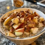 ['A close-up view of layered apple pie overnight oats with chunks of apples and a sprinkle of cinnamon.', 'A side view of creamy overnight oats topped with diced apples, nuts, and a hint of cinnamon.', 'A vibrant bowl of apple pie overnight oats showcasing apple pieces and a drizzle of maple syrup.', 'A detailed look at apple pie overnight oats topped with almond butter and chia seeds.']