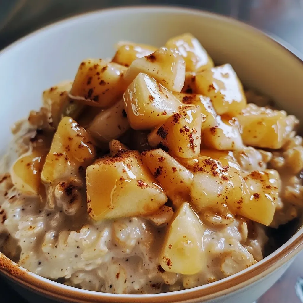 ['Close-up view of Apple Pie Overnight Oats with chopped apples and nuts.', 'Side view of a bowl filled with Apple Pie Overnight Oats topped with walnuts and spices.', 'Delicious Apple Pie Overnight Oats displayed in a glass jar, showcasing ingredients like apples and chia seeds.', 'A vibrant serving of Apple Pie Overnight Oats, featuring layers of oats, apples, and cinnamon.']