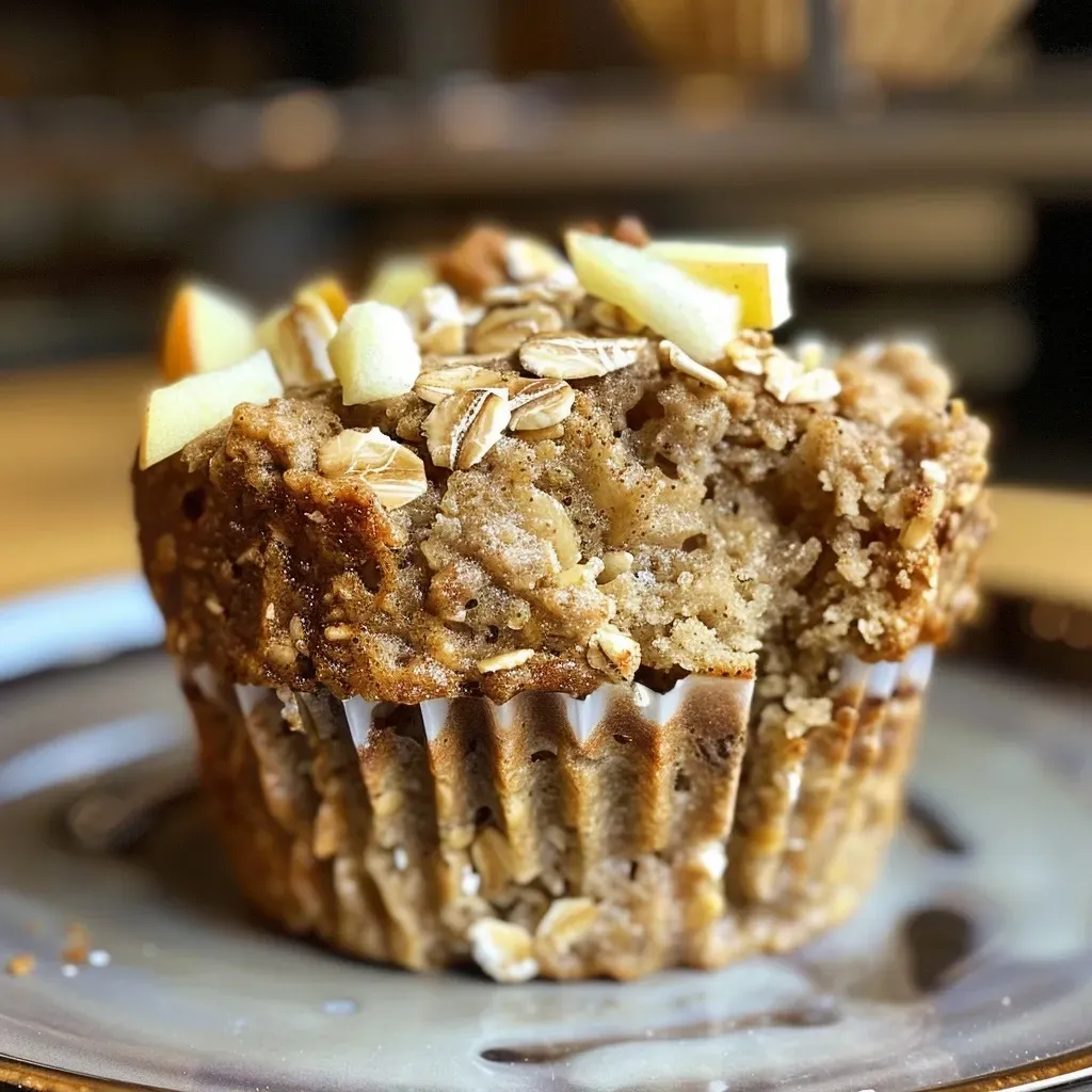 ['Close-up view of a freshly baked apple protein muffin, showcasing its golden-brown top and visible apple chunks.', 'Side view of a delicious apple protein muffin with a textured surface and pieces of apple peeking through.', 'Juicy apple protein muffin captured in detail, highlighting its moist interior and crumbly exterior.', 'A single protein muffin cut in half, revealing its soft, fluffy texture and diced apple filling.']