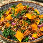 ['A vibrant Autumn Farro Salad with colorful ingredients arranged beautifully on a plate.', 'Close-up view of a delicious Autumn Farro Salad featuring diced apples, pumpkin, and leafy greens.', 'An enticing bowl of Autumn Farro Salad showcasing honeycrisp apples and chopped kale.', 'Freshly prepared Autumn Farro Salad with bright colors and varied textures from seasonal ingredients.']