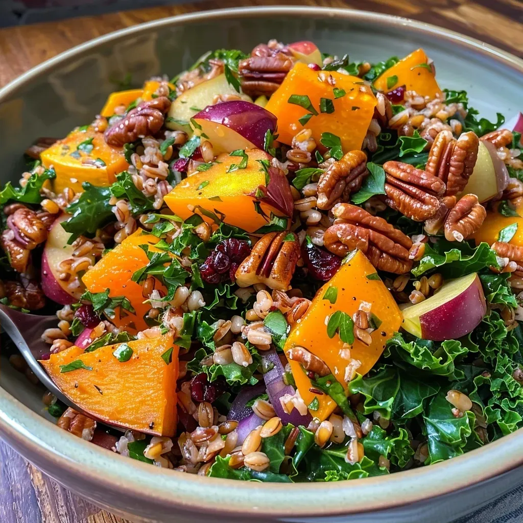 ['A vibrant Autumn Farro Salad with colorful ingredients arranged beautifully on a plate.', 'Close-up view of a delicious Autumn Farro Salad featuring diced apples, pumpkin, and leafy greens.', 'An enticing bowl of Autumn Farro Salad showcasing honeycrisp apples and chopped kale.', 'Freshly prepared Autumn Farro Salad with bright colors and varied textures from seasonal ingredients.']