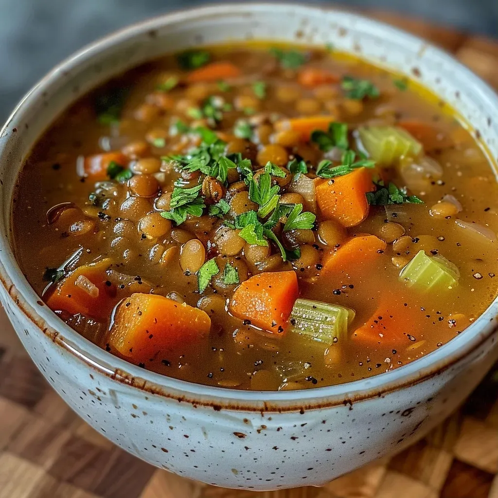 ['Close-up view of a steaming bowl of Autumn Harvest Lentil Soup with visible lentils, carrots, and herbs.', 'Side view of a hearty lentil soup in a bowl, showcasing a rich broth with colorful vegetables and herbs.', 'Delicious Autumn Harvest Lentil Soup captured in close-up, highlighting the ingredients like lentils and diced vegetables.', 'A bowl of warm lentil soup featuring lentils, carrots, and parsley, with steam rising from the surface.']