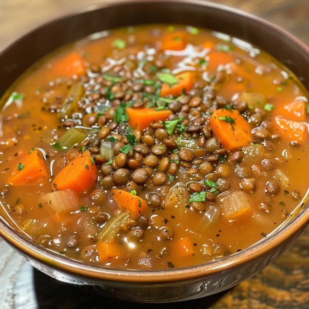 ['Close-up view of a steaming bowl of Autumn Harvest Lentil Soup with visible lentils, carrots, and herbs.', 'Side view of a hearty lentil soup in a bowl, showcasing a rich broth with colorful vegetables and herbs.', 'Delicious Autumn Harvest Lentil Soup captured in close-up, highlighting the ingredients like lentils and diced vegetables.', 'A bowl of warm lentil soup featuring lentils, carrots, and parsley, with steam rising from the surface.']