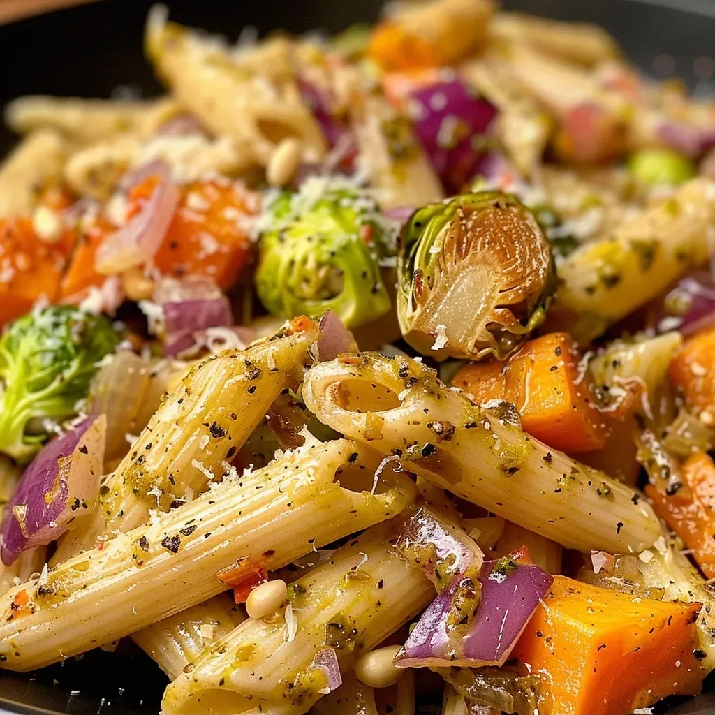 ['Close-up of Autumn Harvest Pasta with roasted vegetables and basil pesto.', 'Side view of penne pasta mixed with butternut squash, Brussels sprouts, and pesto.', 'Juicy Autumn Harvest Pasta featuring colorful roasted veggies and Parmesan.', 'A vibrant plate of pasta with seasonal vegetables and a drizzle of pesto.']