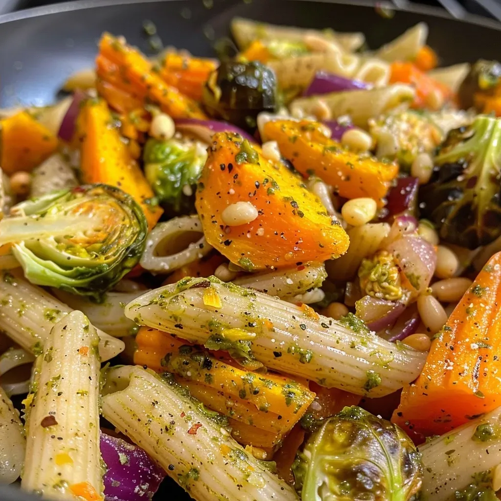 ['Close-up of Autumn Harvest Pasta with roasted vegetables and basil pesto.', 'Side view of penne pasta mixed with butternut squash, Brussels sprouts, and pesto.', 'Juicy Autumn Harvest Pasta featuring colorful roasted veggies and Parmesan.', 'A vibrant plate of pasta with seasonal vegetables and a drizzle of pesto.']