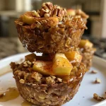 ['Close-up of baked apple cinnamon oatmeal cups with a golden-brown top and visible apple pieces.', 'Side view of oatmeal cups filled with cinnamon and apple, showcasing their texture and color.', 'A delicious arrangement of baked oatmeal cups, highlighting the apple chunks and a sprinkle of cinnamon on top.', 'Juicy baked apple cinnamon oatmeal cups with a slightly crisp exterior and soft, moist interior.']