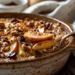 ['Close-up view of baked apple walnut oatmeal with a creamy texture and pieces of apple and walnuts.', 'Side view of a bowl filled with baked apple walnut oatmeal, showcasing its gooey consistency and toppings.', 'Juicy baked apple walnut oatmeal served in a rustic dish, featuring visible apple bits and walnuts.', 'A detailed look at baked apple walnut oatmeal, highlighting the warm colors of apples and brown sugar.']