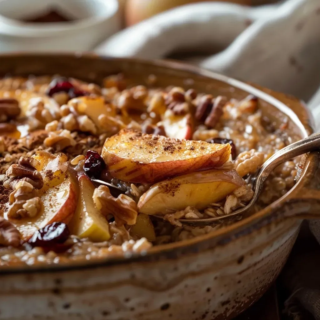 ['Close-up view of baked apple walnut oatmeal with a creamy texture and pieces of apple and walnuts.', 'Side view of a bowl filled with baked apple walnut oatmeal, showcasing its gooey consistency and toppings.', 'Juicy baked apple walnut oatmeal served in a rustic dish, featuring visible apple bits and walnuts.', 'A detailed look at baked apple walnut oatmeal, highlighting the warm colors of apples and brown sugar.']
