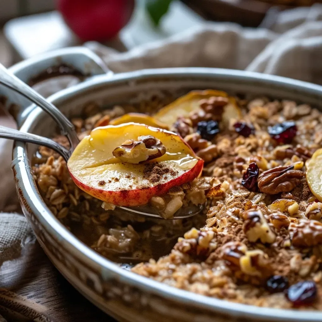 ['Close-up view of baked apple walnut oatmeal with a creamy texture and pieces of apple and walnuts.', 'Side view of a bowl filled with baked apple walnut oatmeal, showcasing its gooey consistency and toppings.', 'Juicy baked apple walnut oatmeal served in a rustic dish, featuring visible apple bits and walnuts.', 'A detailed look at baked apple walnut oatmeal, highlighting the warm colors of apples and brown sugar.']