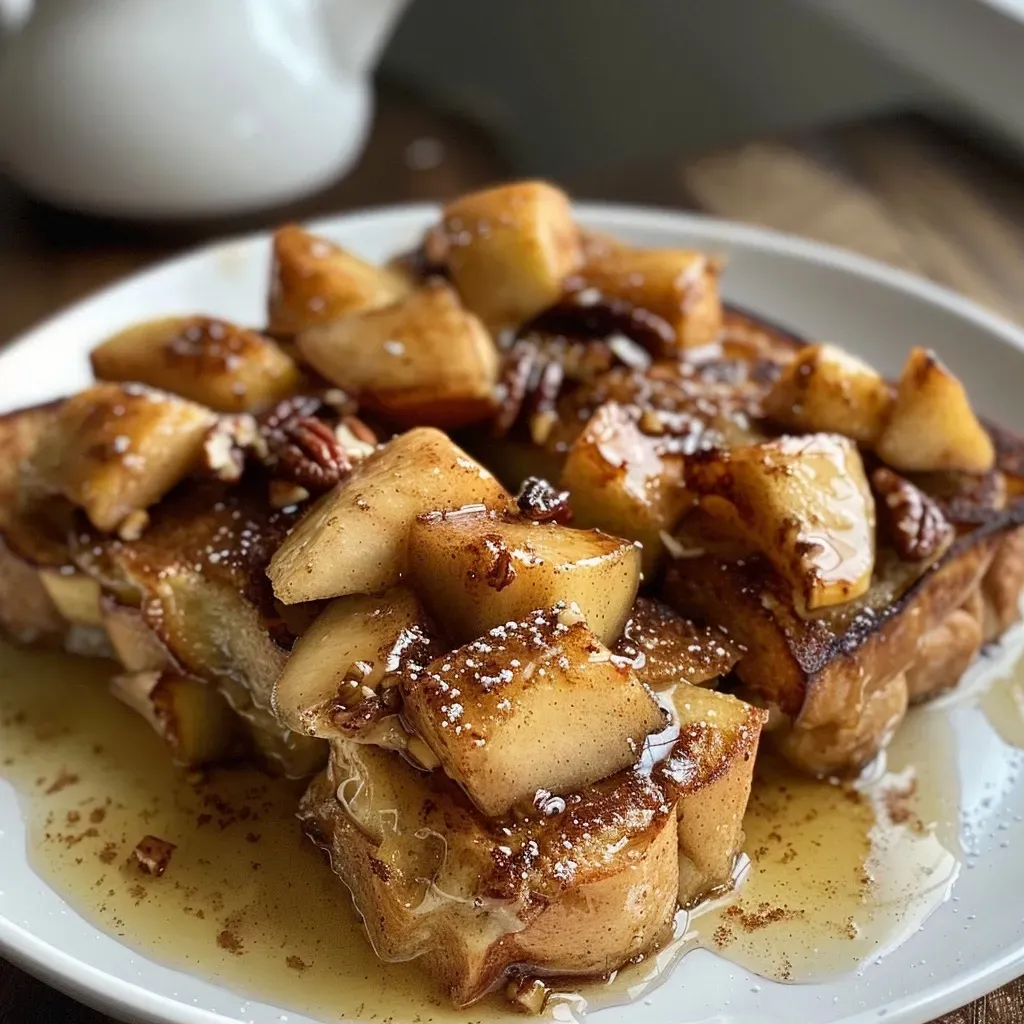 ['Close-up view of Baked Cinnamon Apple French Toast with apple slices and cranberries.', 'Side view of Baked Cinnamon Apple French Toast topped with cinnamon and pecans.', 'Juicy Baked Cinnamon Apple French Toast with a golden crust and apple garnishes.', 'Delicious slice of Baked Cinnamon Apple French Toast, showcasing its rich texture and toppings.']